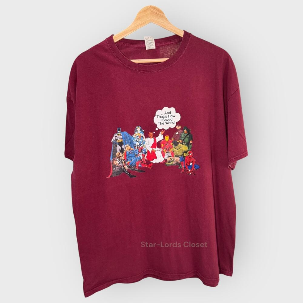 Fruit of the Loom Maroon Jesus Superheroes Tee XL Crew Graphic Faith Pop Culture